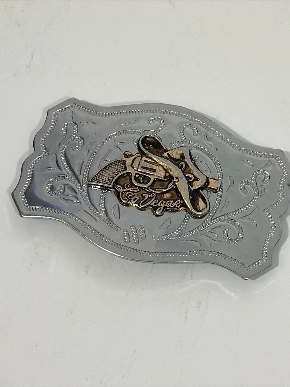 Vintage Las Vegas Western Revolver Belt Buckle - Silver and Gold